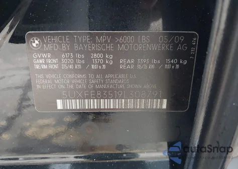 2009 BMW X5 xDrive48I из США, поврежденный, VIN 5UXFE83519L308791